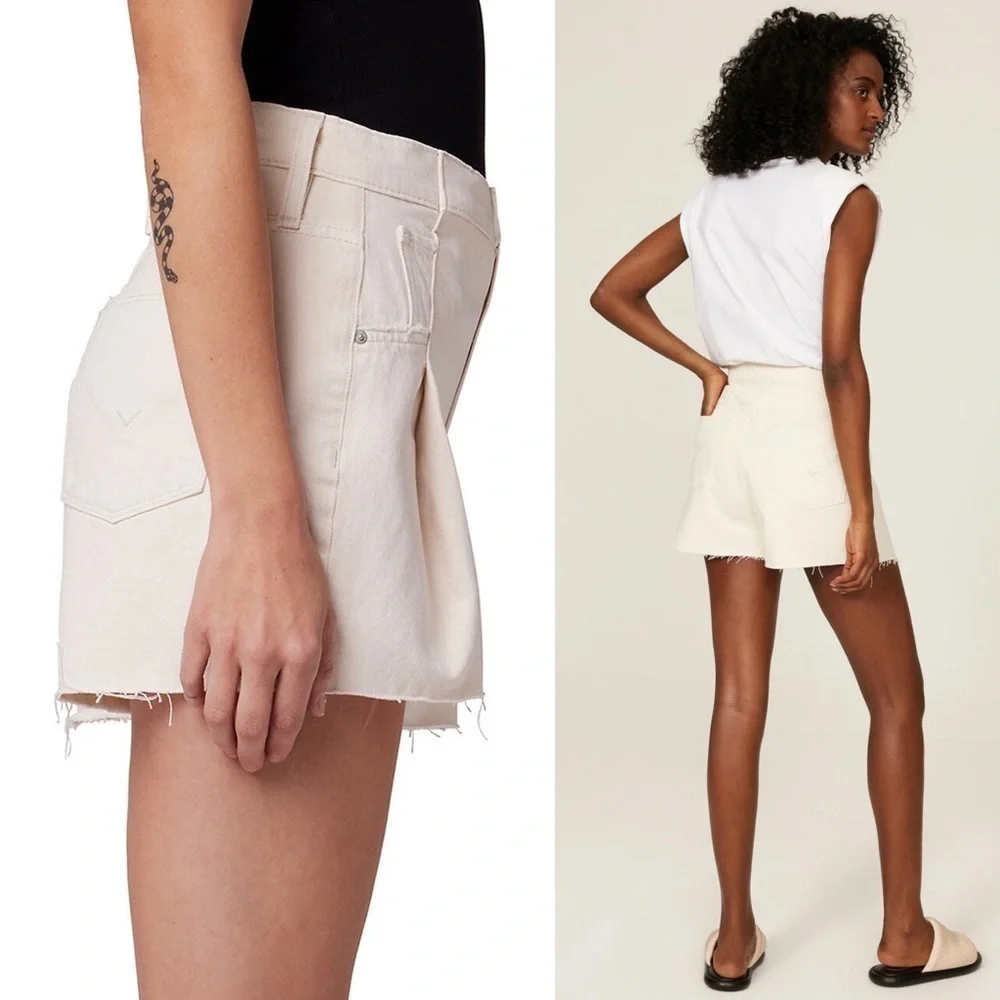 HUDSON 90s Pleated‎ Beige Denim High Waist Frayed Raw Hem Cutoff Jean Shorts 28